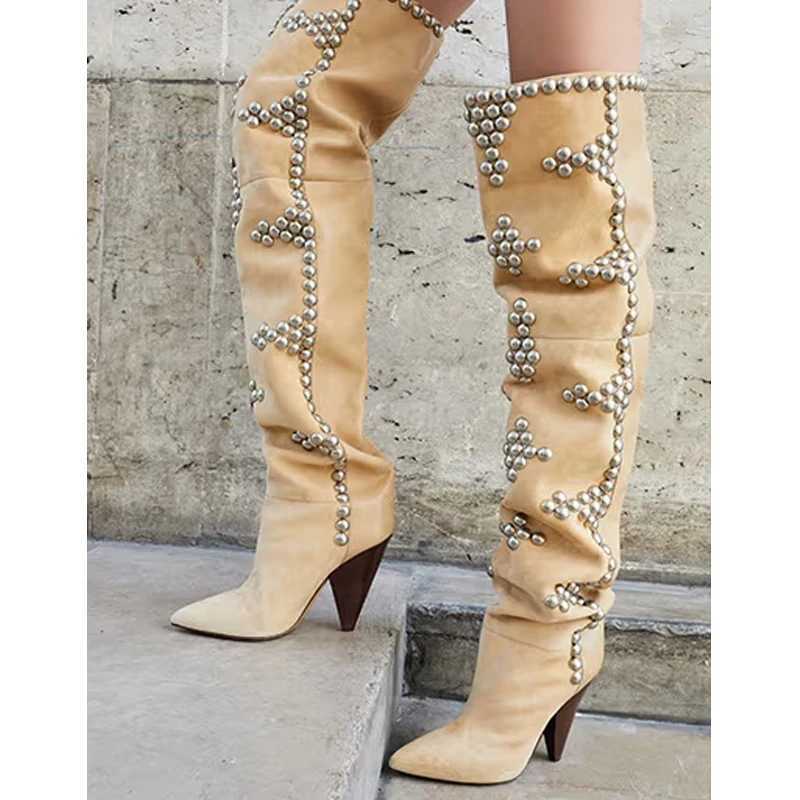 Light Yellow Rivets Suede Conical Heel Over Knee Boots Woman Winter 2026 Fashion Pointed Toe Slip-On High Heel Long Boots