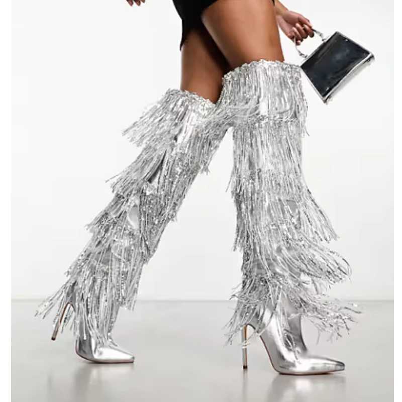 Silver Sequin Tassel Pointed Toe Stiletto Knee High Boots Woman Winter 2026 High Heels Party Nightclub Fashion Long Boots