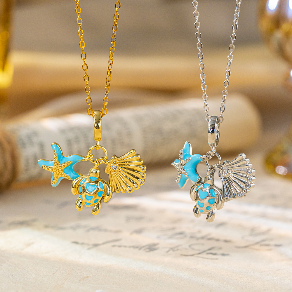 Cross-Border Best-Selling Ocean-Themed Blue Enamel Turtle, Starfish, Shell Micro-Paved Necklace, A Delicate And Elegant Clavicle Chain For Women