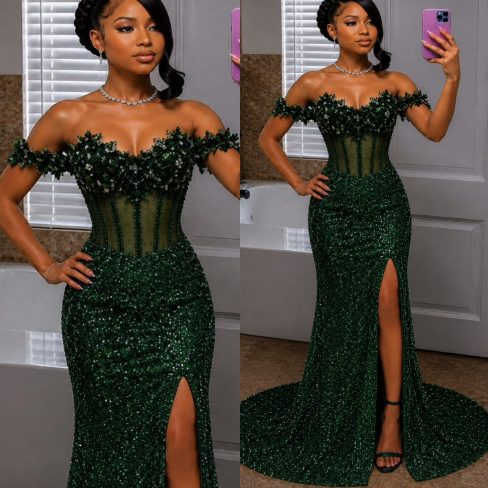 Aso Ebi Dark Green Mermaid Prom Dress 2026 Beaded Crystals High Split Evening Dresses Birthday Formal Party Reception Second Long Dinner Dress Gowns