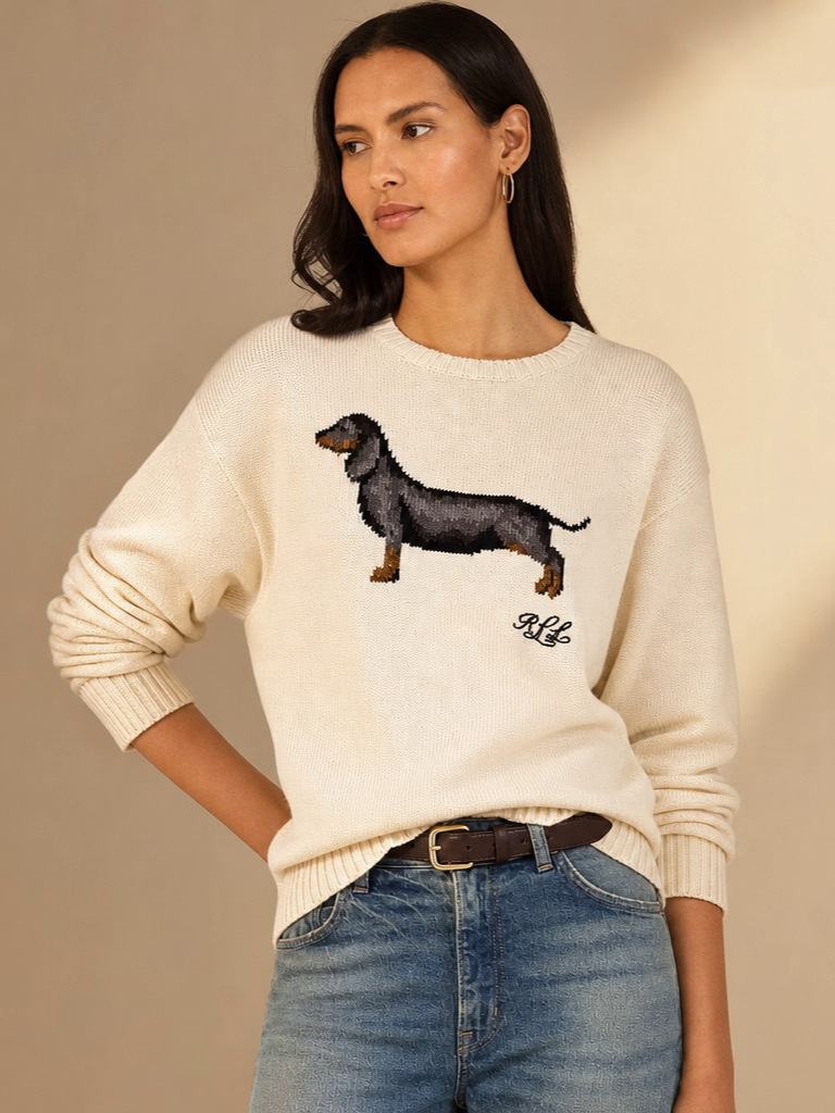 Women Fall Winter Crew Neck Pullover Sweater Cute Golden Retriever Dog Embroidery Vintage Loose Fit Long Sleeve Knit Top