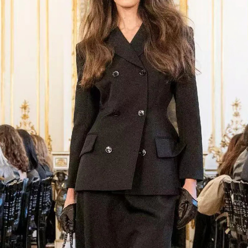 Women's Black DoubleBreasted Blazer Stylish and Versatile LongSleeve NotchedCollar Jacket HighQuality Suit 2026 y2k 261015