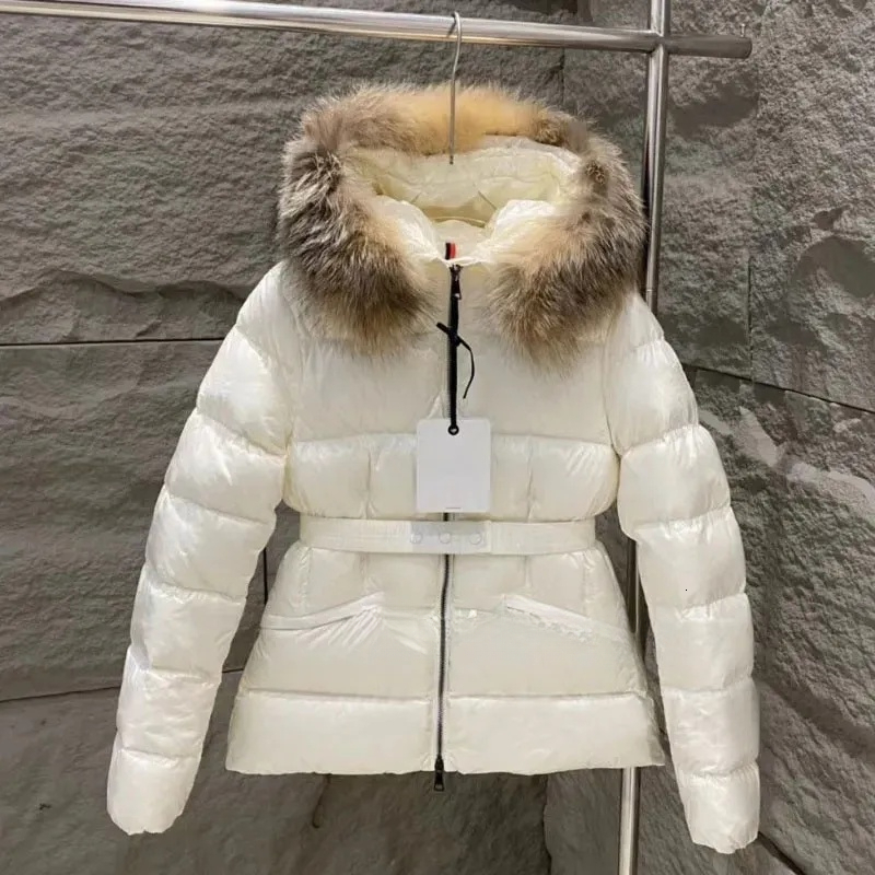 Women Fur Collar Slim Fit Puffer Jacket Cinched Waist Short Down Parka With Belt Winter Lady Cotton Coat Outerwear