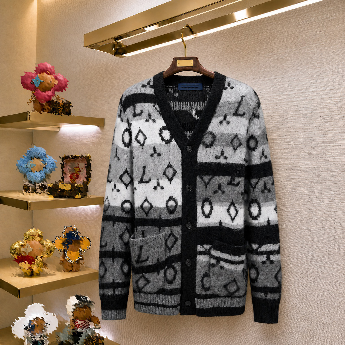 Designer brand clothing, high-quality men's mohair vintage cardigan, V-neck single breasted sweater jacket, loose layered knitted cardigan, lig