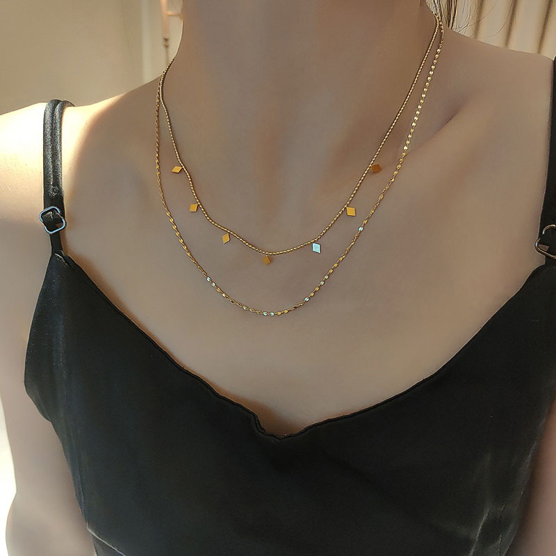 Fashion Trendy Cool Style Multi-Rhombus Sequin Petal 18K Plated Gold Titanium Steel Necklace For Women Double Layer Stacked Collarbone Chain
