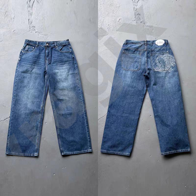 Jean unisexe décontracté à jambes larges, poche arrière, Vintage, Figure Art, Patchwork, détails brodés, cinq poches, pantalon en Denim décontrac