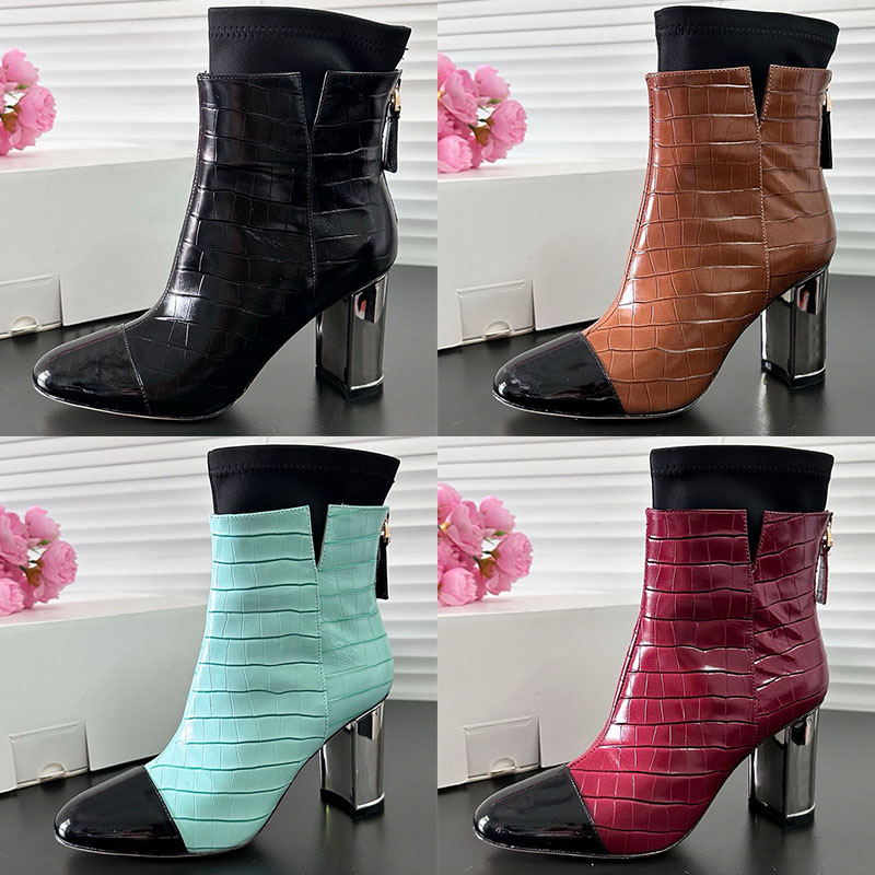 Women Short Boots Designer Embossed Patent Leather Boots Mirror Thick Heel 8CM Splicing Elastic Fabric Autumn Winter Banquet Temperament Short Boots