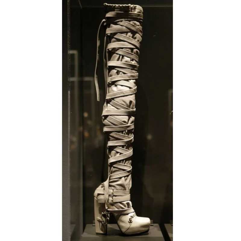 Crisscross Straps Platform Over The Knee Boots Woman Winter 2026 Gothic Style Square Heel Boots Punk Rock Party Footwear
