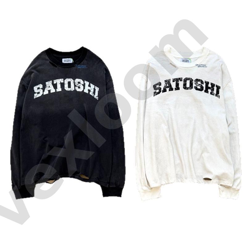 Men Streetwear Crew Neck Long Sleeve T Shirt Vintage Pigment Wash Crackle Letter Print Hem Destroyed Ripped Design Oversized Cotton Top