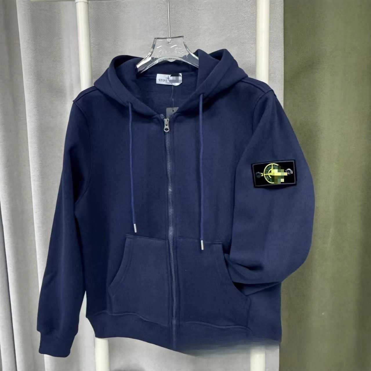 Stone Basic Zip Up Hoodie with Patches Fleece Lined Unisex Solid Color Long Sleeve Black and White Pull Stone 449
