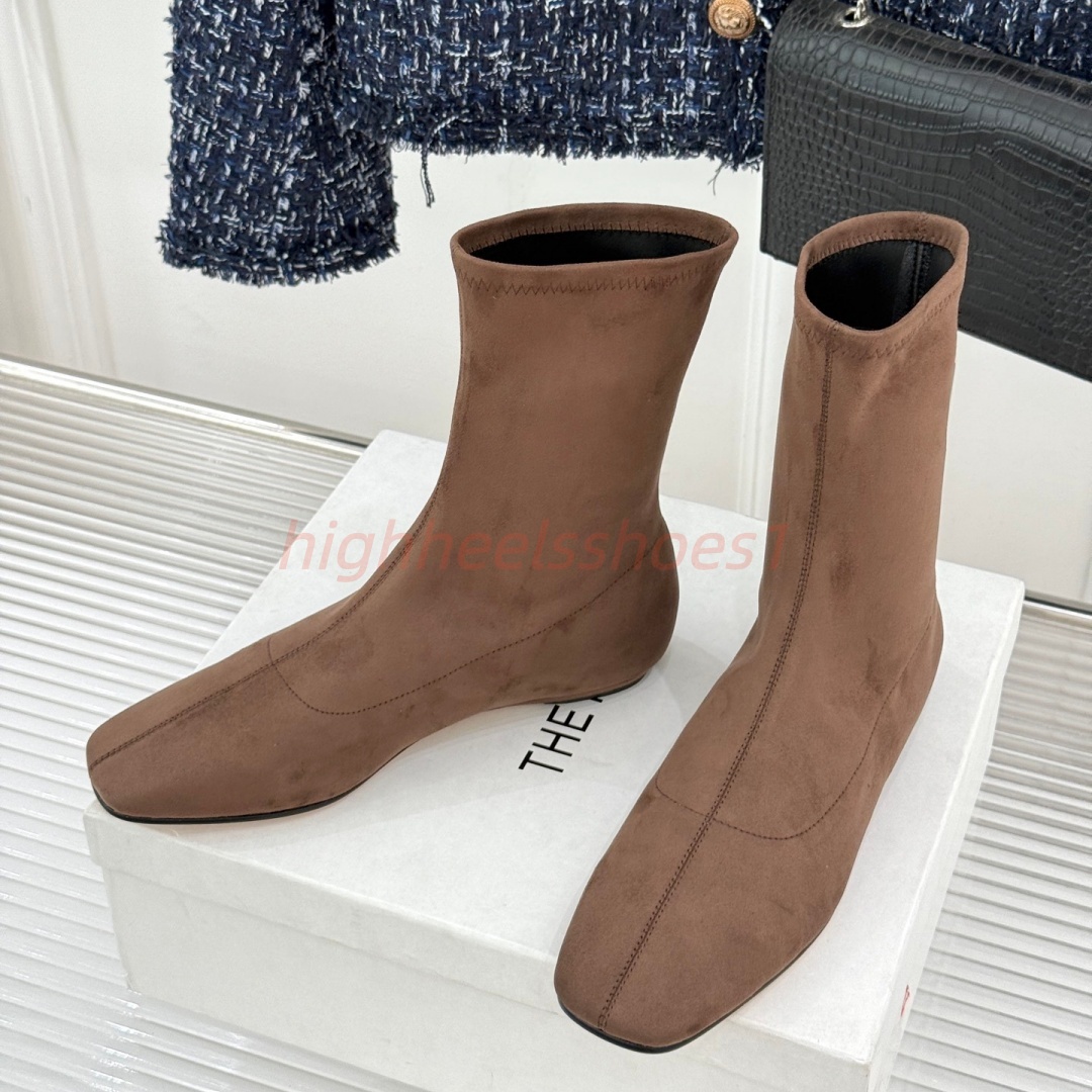 2026 Winter Luxury Designer Boots Women Front Zipper Ankle Bootie Suede Leather Flat Stretch Sock Short Long Flat Long Booties Motorcycle Riding Sho