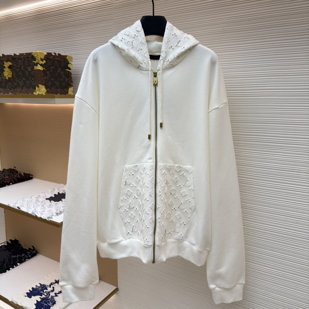 Designer brand clothing, high-quality men's men's beige floral patchwork hooded zipper cardigan, heavyweight looped casual jacket, unisex