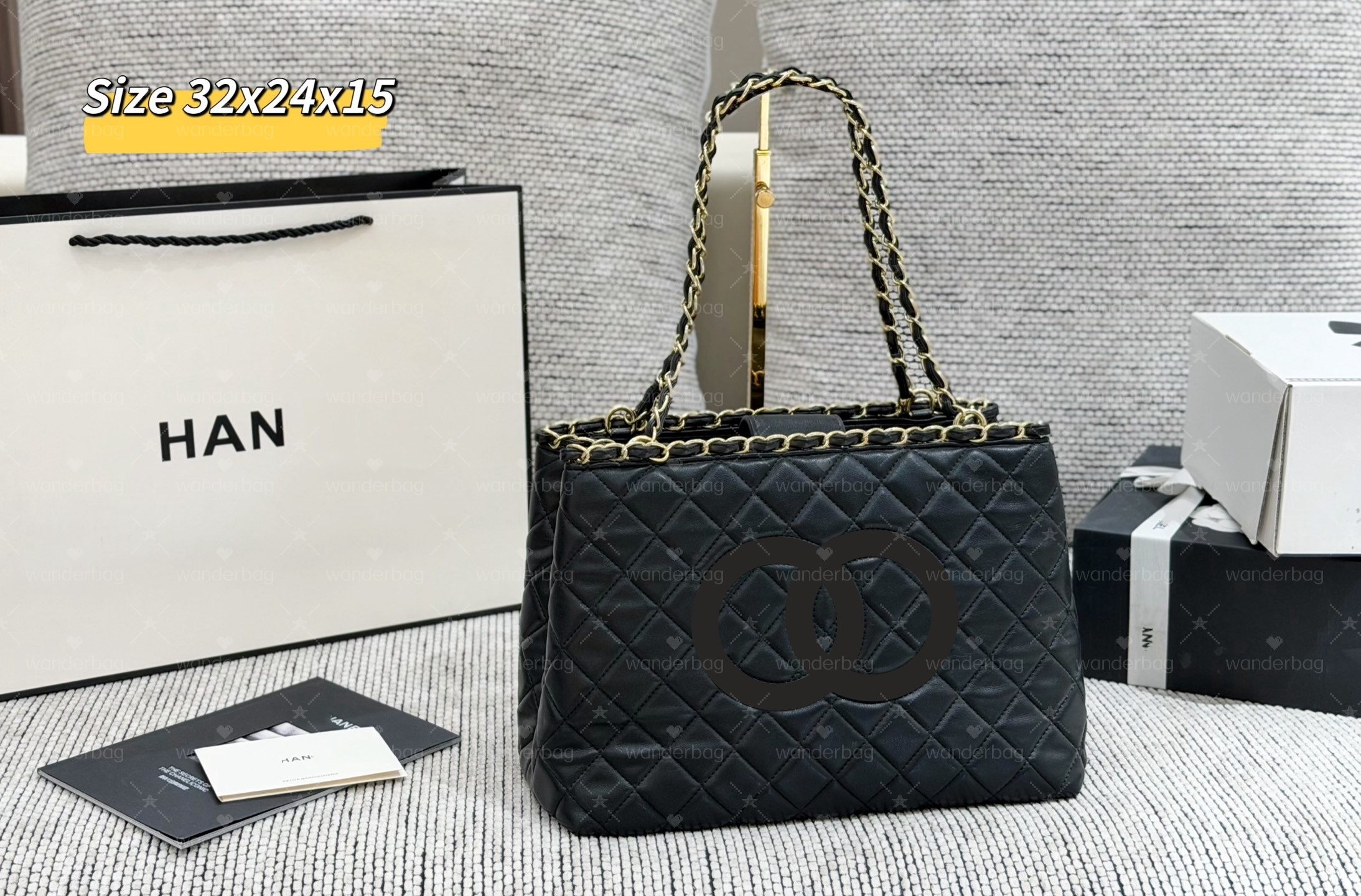 Top quality grand shopping tote classic black calfskin Handbag chain and leather straps Shoulder Bag luxury designer bag Large Casual Shoulder Bag W