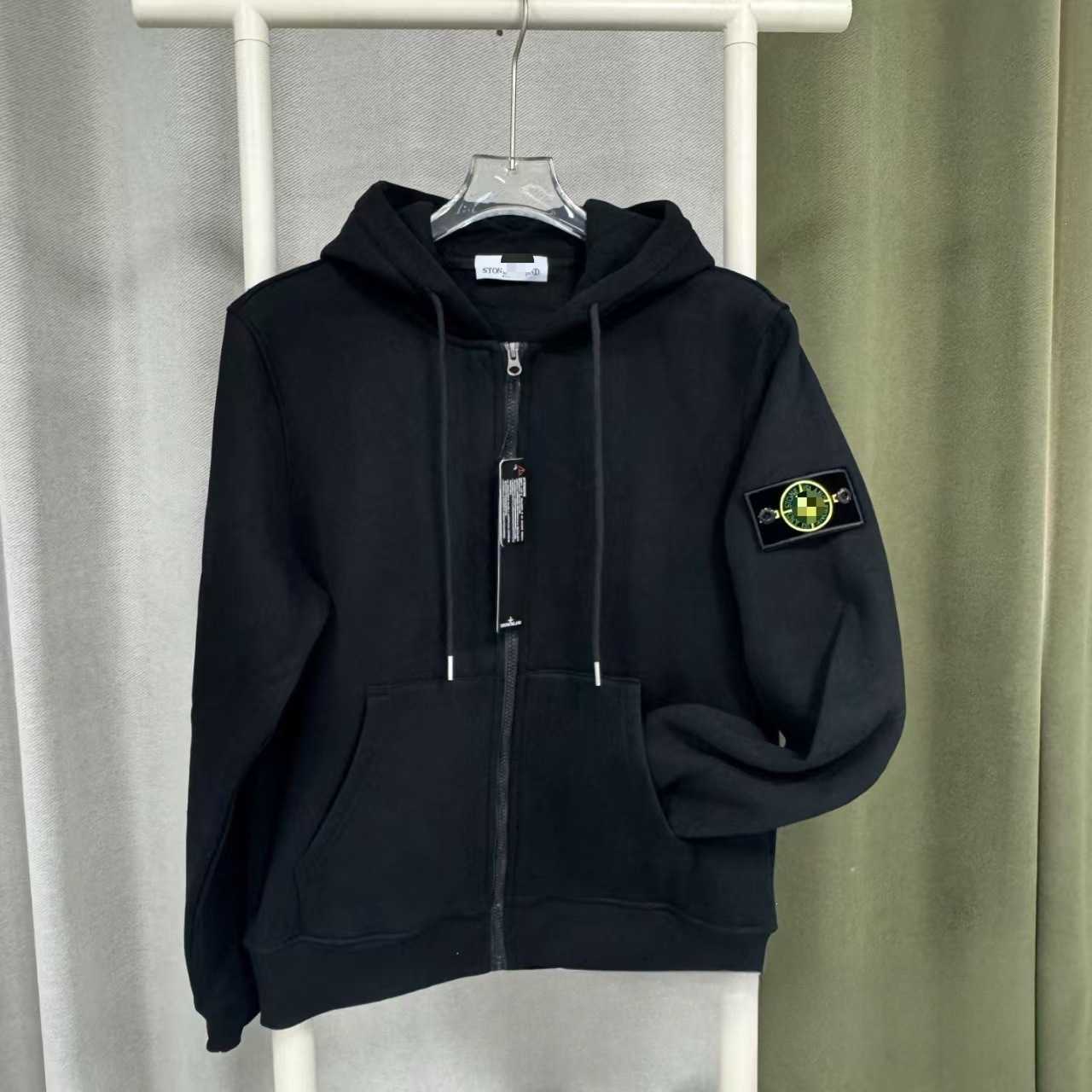 Stone Basic Zip Up Hoodie with Patches Fleece Lined Unisex Solid Color Long Sleeve Black and White Pull Stone