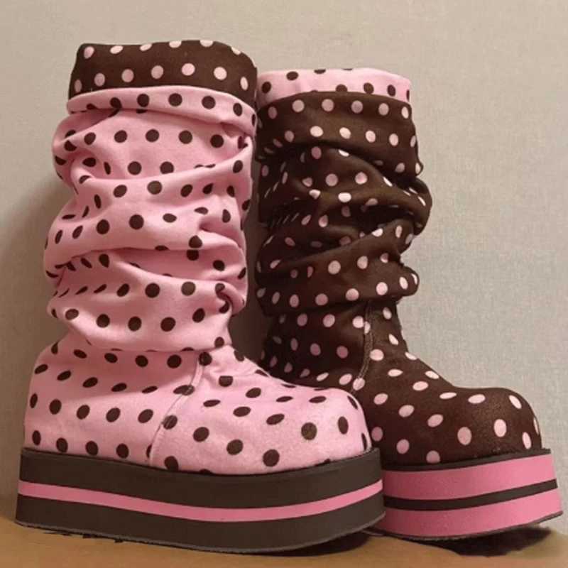 Pink Polka Dot Platform Pleated Mid-Calf Boots Woman Winter 2026 Brown Round Toe Slip-On Thick Sole Cosplay Party Shoes
