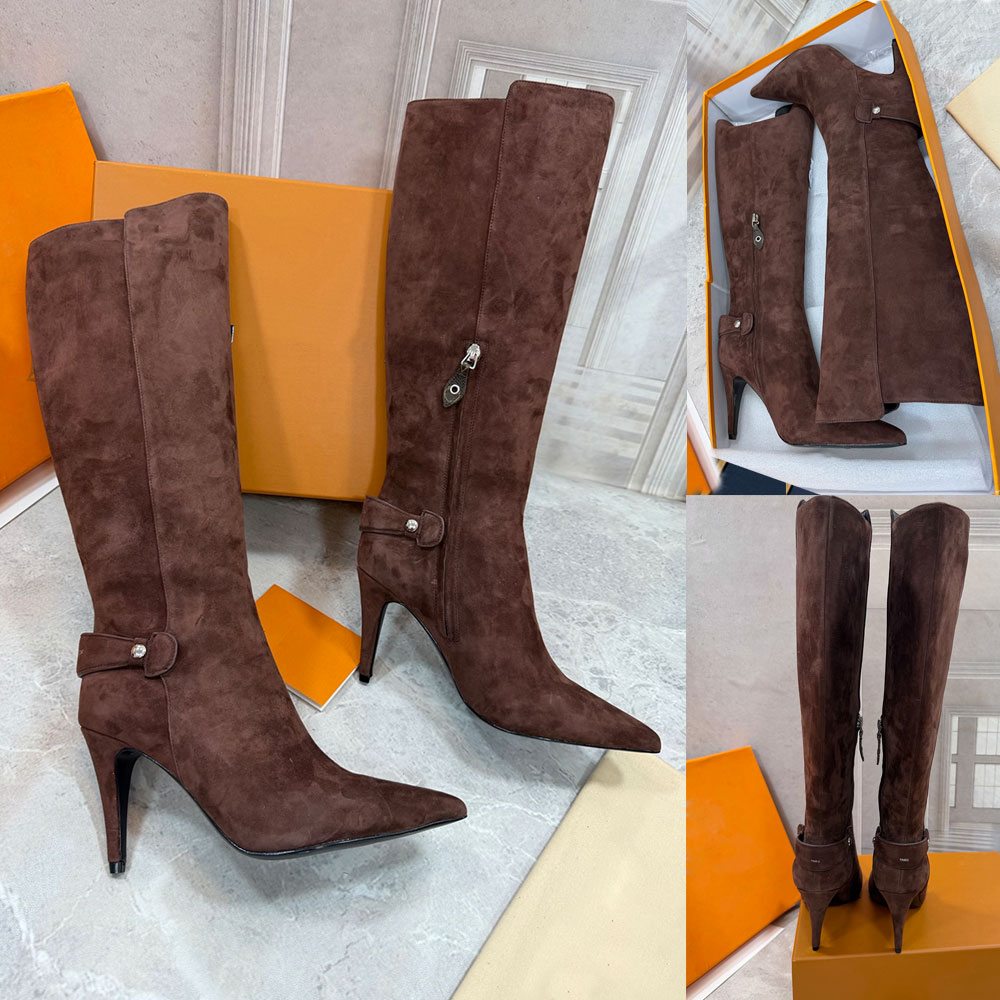 Legacy High Boot Designer Womens Knee High Boots 1AKH8Q brown suede calf leather boots new model autumn winter high heeled boot Height 9.5cm Leather
