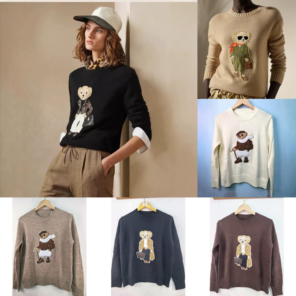 Women's Cartoon Bear Embroidery Sweater High Quality Cotton Pullover Long Sleeve Knitwear Warm Casual Tops For Autumn Winter Daily Wear