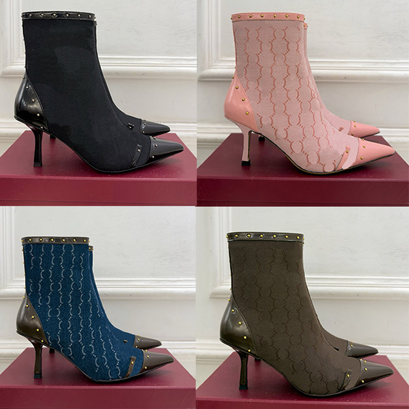 Zapatos de lujo con patrón de jacquard para mujer, lona suave emparejada con puntas puntiagudas, botas con punta de hebilla de cuero, botines de tac