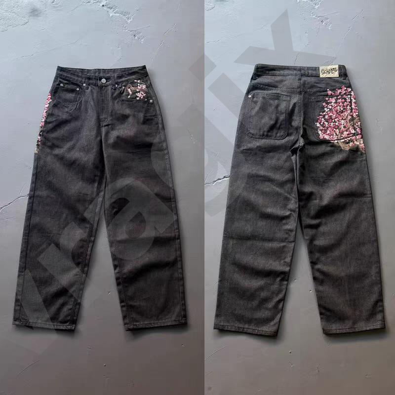 Jean à jambes droites pour hommes, couleur unie, poche arrière, Patch artistique tissé, bouton de décoration, veste pour homme, ample, coupe larg