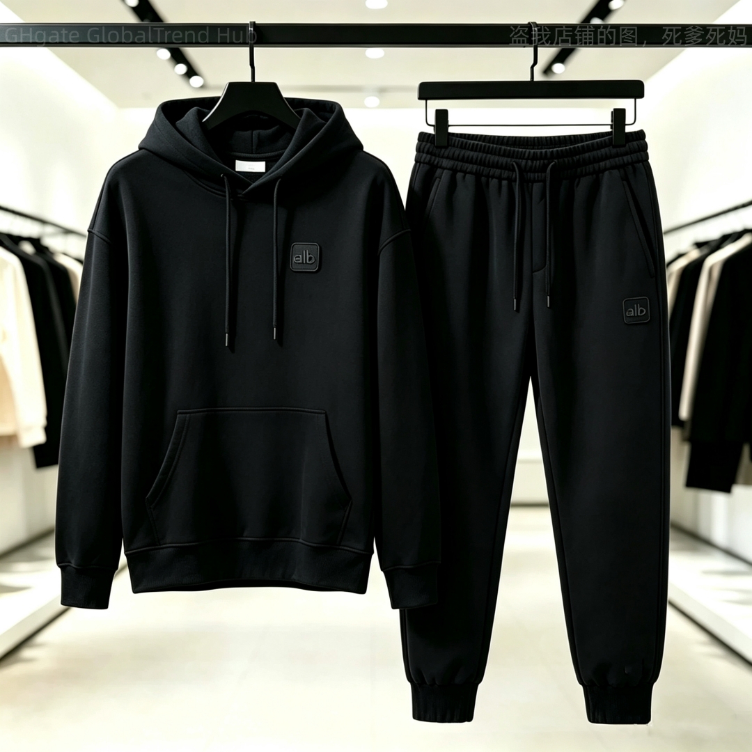 Men Autumn Winter Hooded Tracksuit 2 Piece Outfit, Premium Square Embossed Badge Hoodie & Jogger Pants, Multi Colors, Hip Hop Casual Street Travel V