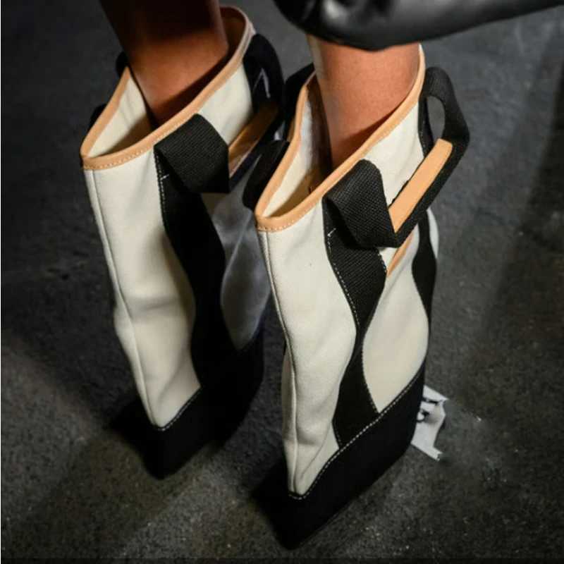 Black White Contrast Stitching Pointed Toe Canvas Ankle Boots Woman Winter 2026 Red and White Patchwork Stiletto Short Boots