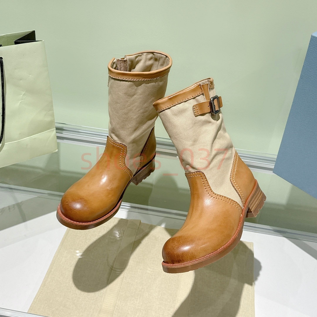 top quality Winter Luxury Designer Knee High Boots Women Canvas Leather Mixed Long Bootie Metal Buckle Chunky Sole Outdoor Riding Work Shoes Size 35