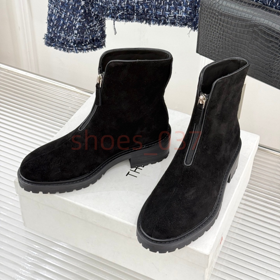 Luxury Designer Women Ankle Boots Front Zip Suede Genuine Leather Short Bootie Chunky Low Heel Platform Motorcycle Combat Shoe Toe Slip On Slim Fitt