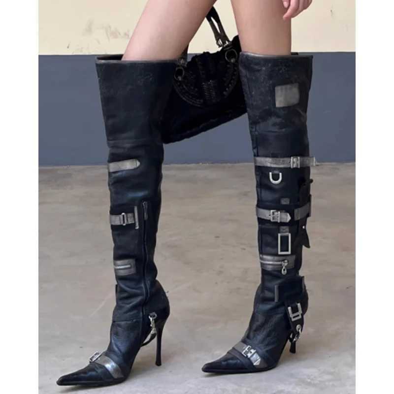 Pointed Toe Metal Belt Buckles Stiletto Over The Knee Boots Woman Winter 2026 Black Thigh Boots Hot Girl Fashion Boots