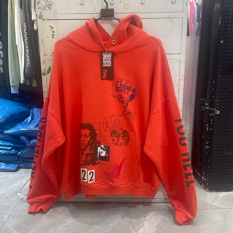 26FW Best Quality Cotton Pullovers Men Women Vintage Washed Red Damaged Hole Character Print Hoodie