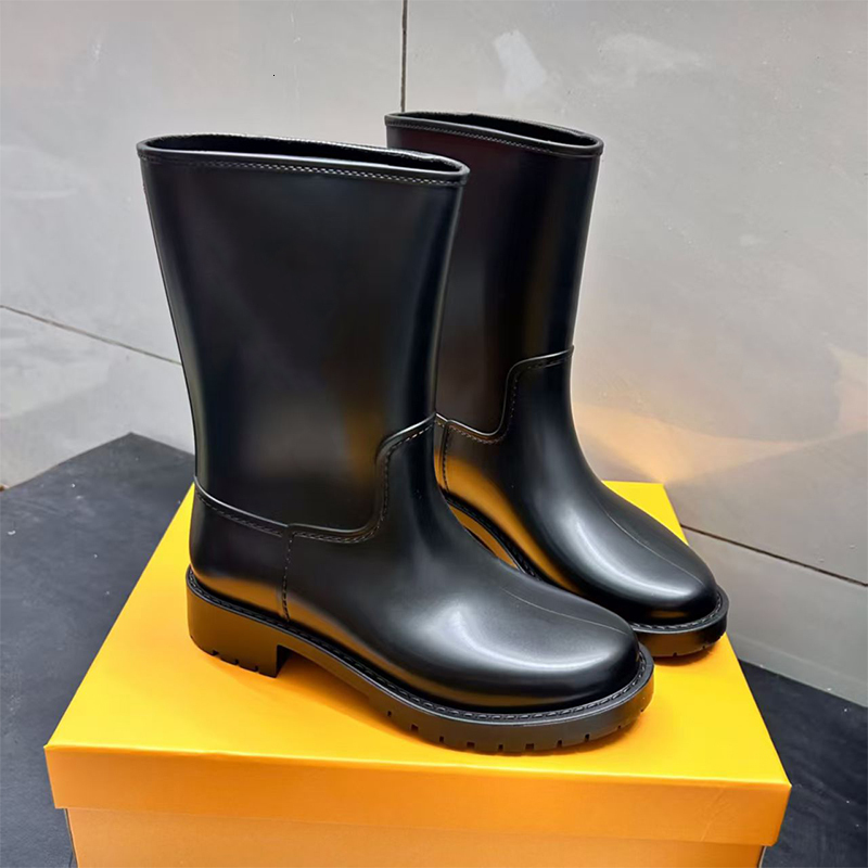 High Quality Rain Boots Women Designer Drops Rainboot Mid Calf Waterproof Boots Leather Rider Boot Outdoor Work Shoes Rain Footwear 1204