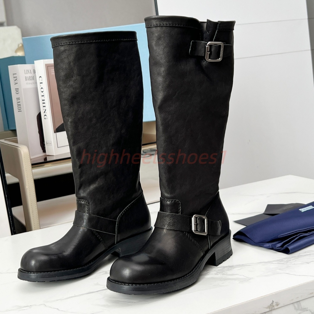 Luxury Designer Women Knee High Motorcycle Boots Genuine Leather Buckle Strap Slouchy Long Boot Chunky Low Heel Vintage Riding Shoes size 35-41