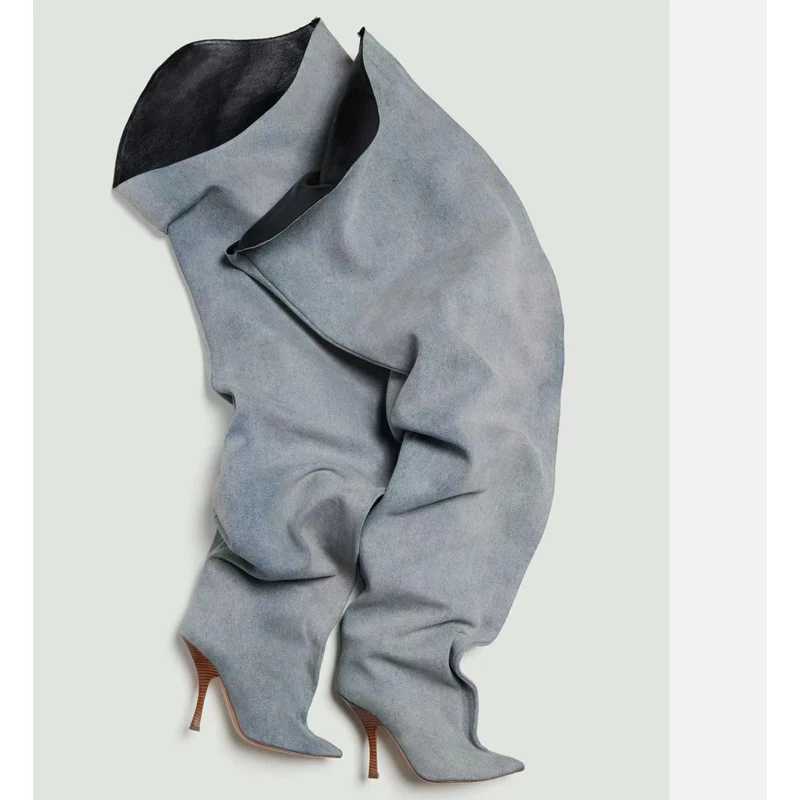 Denim Blue Pointed Toe Thigh High Scrunch Boots Woman Winter 2026 Rust Slip-On Stiletto Over-The-Knee Boots Fashion Shoes