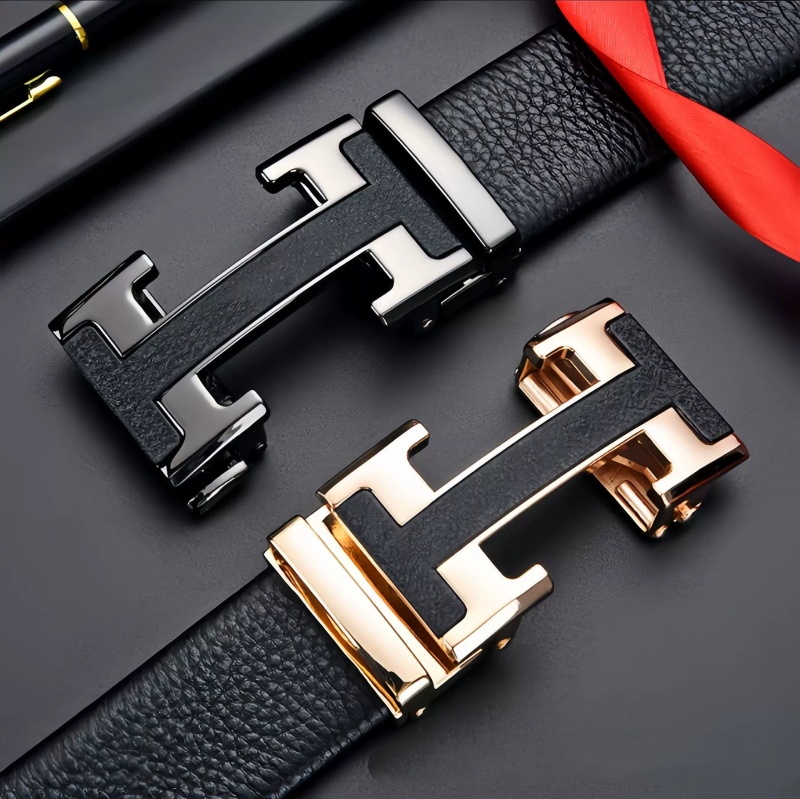 Simple Leather Belt Men Formal Mens Belts H-shaped Buckle Gurtel 2 Colors Automatic Buckle Youth Simple and Fashionable Waistband Om1802