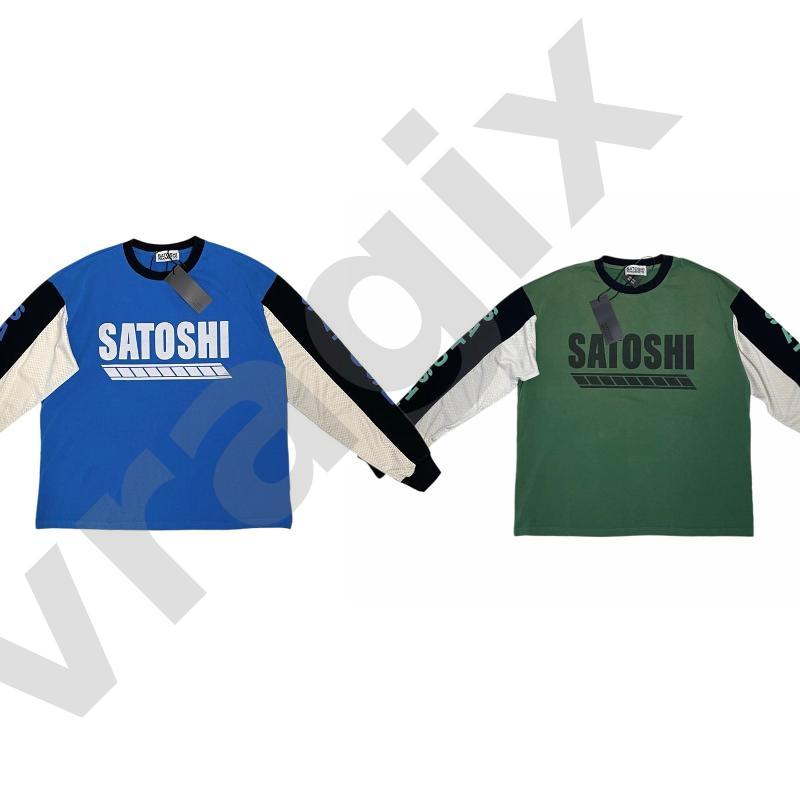 T-shirt à manches longues en maille épissée unisexe, streetwear, bloc de couleurs, manches raglan sur le devant, grande lettre imprimée, col rond