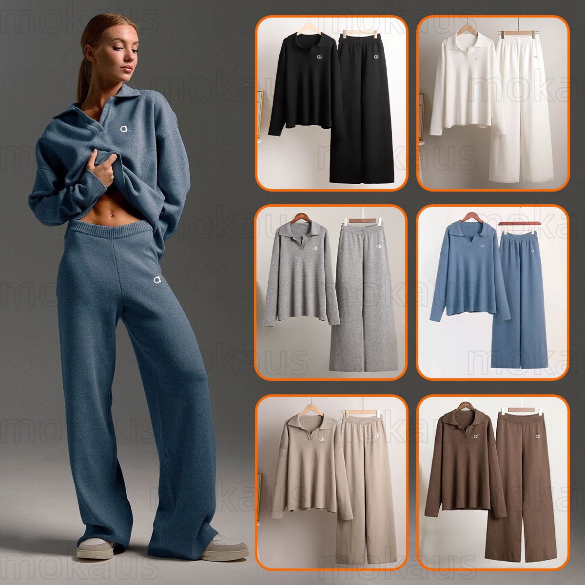 Ensemble pull en tricot pour femmes, manches longues + pantalon à jambes larges, automne hiver, col polo, pull tricoté, pantalon à jambes larges,