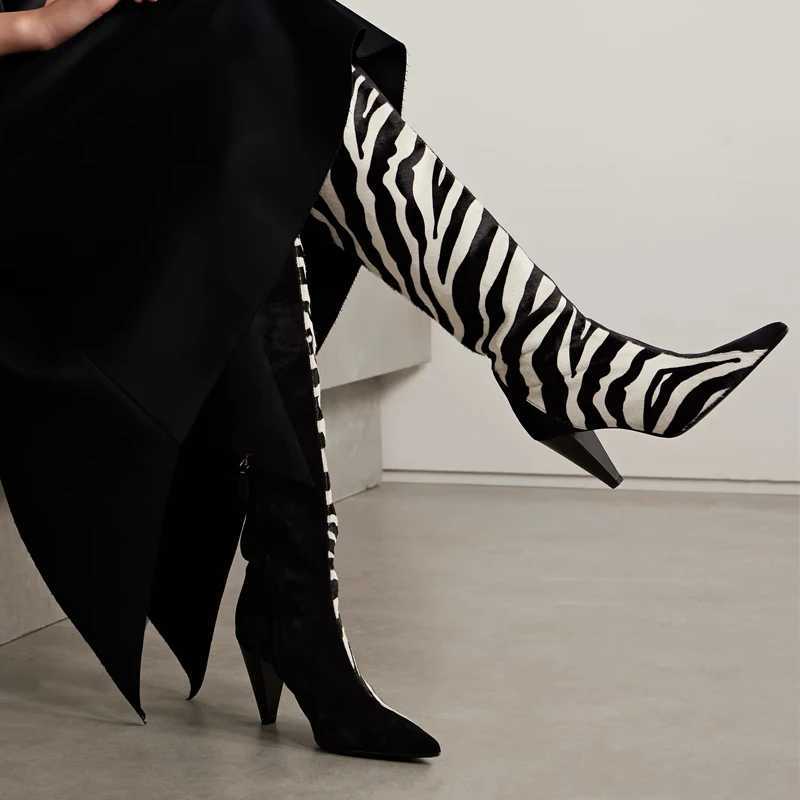 Zebra Print Pointed Toe Conical Heel Over-The-Knee Boots Woman Winter 2026 Side Zipper High Heel Thigh High Boots Fashion Shoes