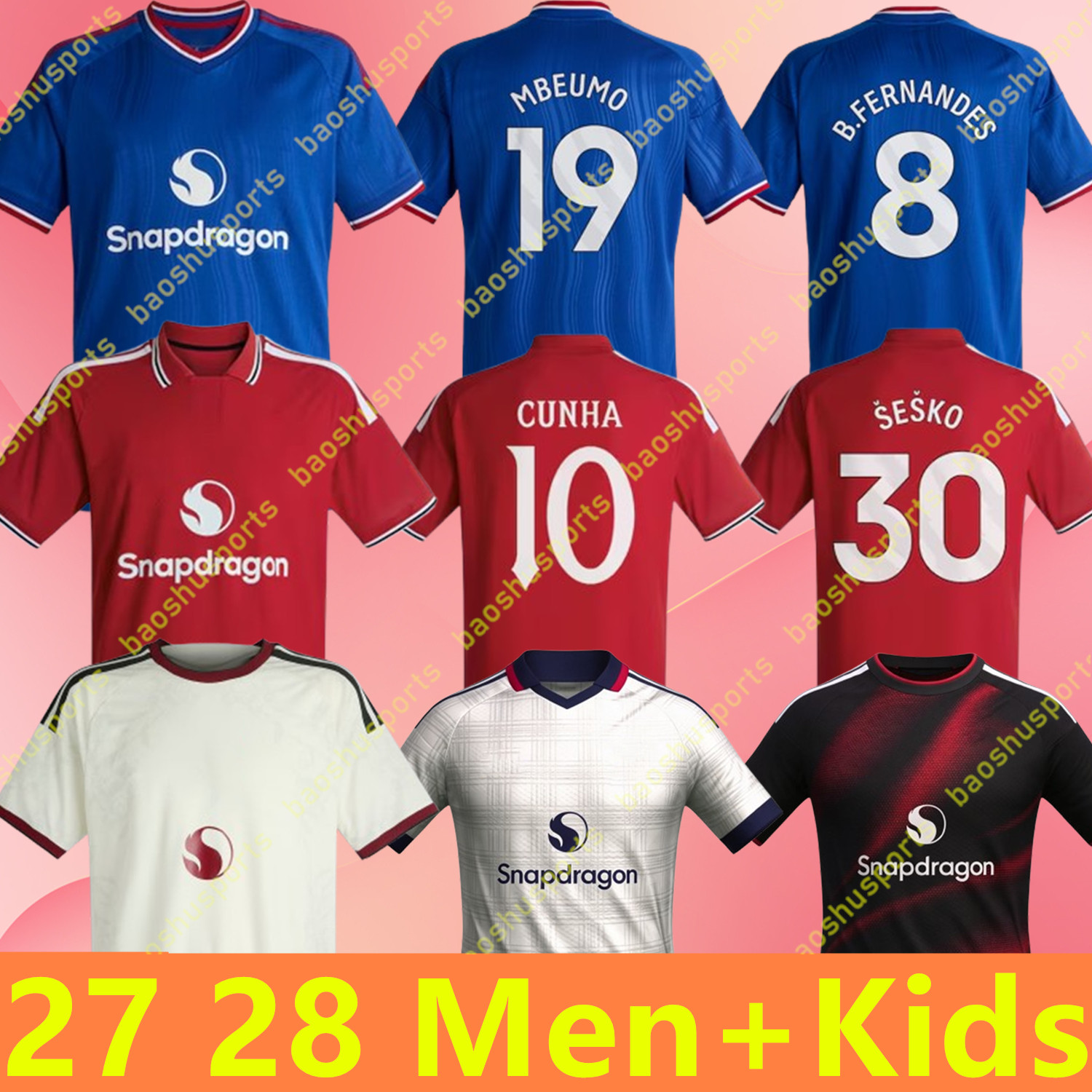 26 27 28 Maillots de football 2026 2027 2028 Maillot de football Tops Kit Chemise Stone Roses MBEUMO SESKO FERNANDES CUNHA Uniformes pour enfants