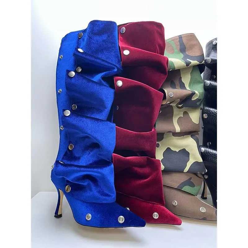 Camouflage Button Pointed Toe Knee-High Boots Woman Winter 2025 Metal Rivet Wine Red Two-Piece Stacked Long Boot Shoes for Women