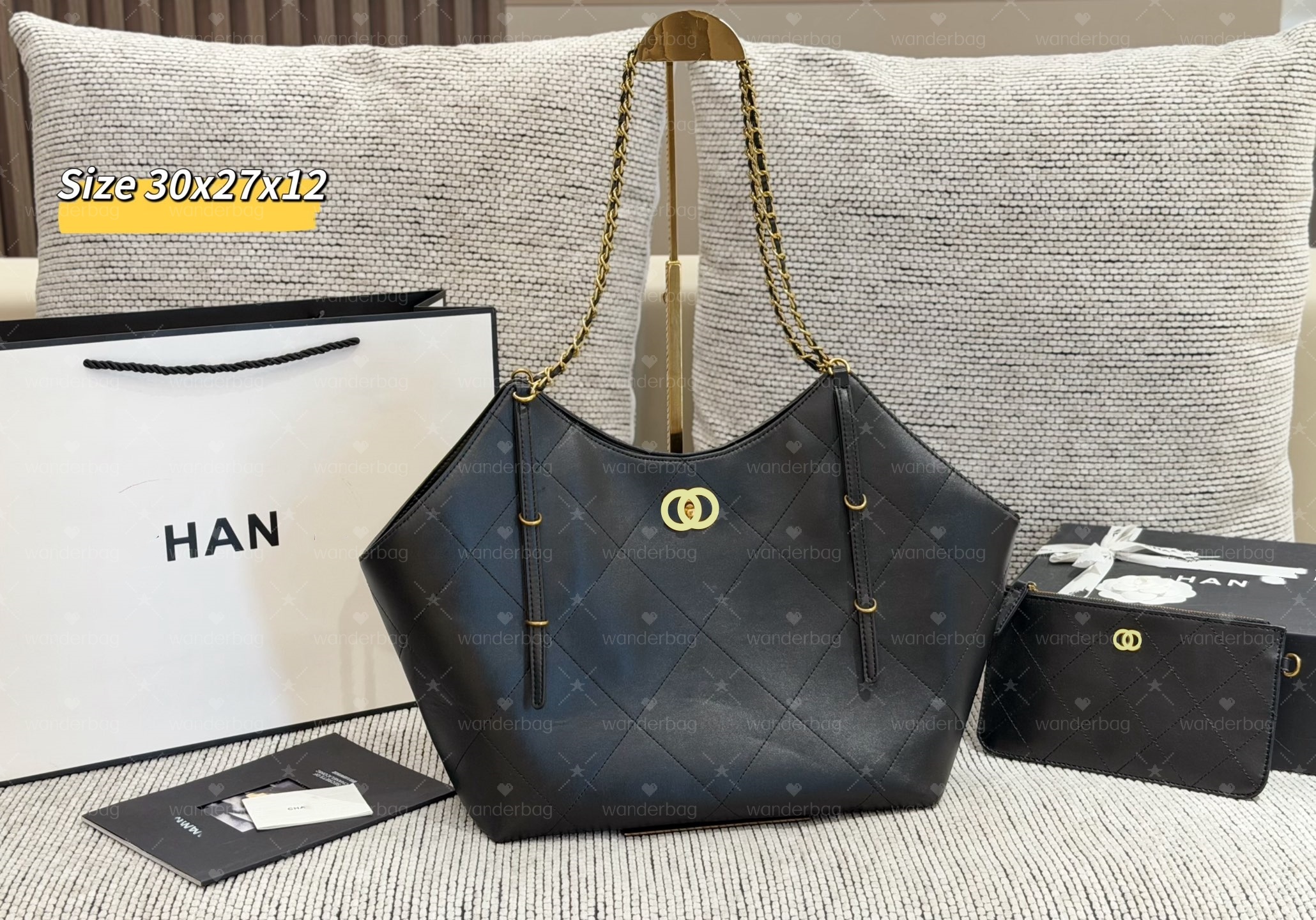 12A Top quality grand shopping tote classic black calfskin Handbag chain and leather straps Shoulder Bag luxury designer bag Large Casual Shoulder B
