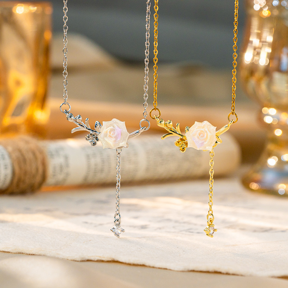 Romantic Elegant Camellia Tassel Necklace, Delicate Sweet Piece For Women, Featuring White Rose Design That Exudes Refined And Sophisticated Aura, P