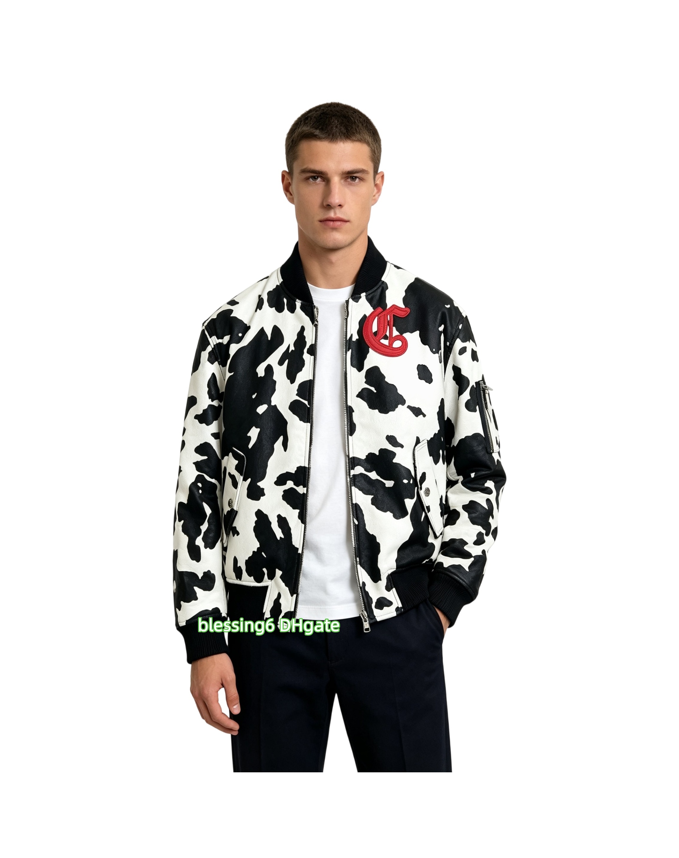 Chrome men's cow leather jacket, baseball jacket, cow fur integrated natural print zipper jacket windproof and warm fur integrated couple jacke