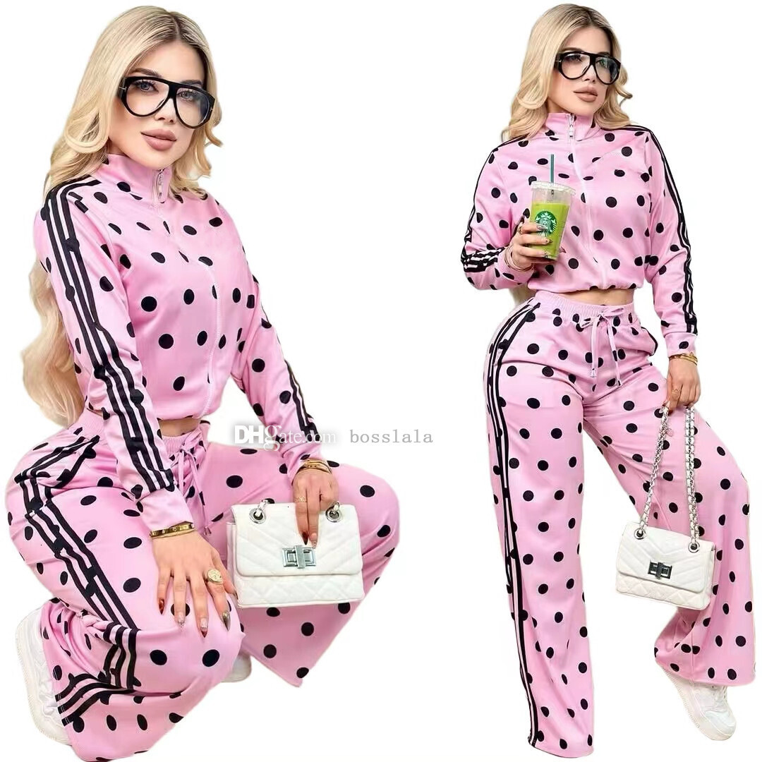 Womens Tracksuits Designer Wave Point Sports Set Embroidered Zipper Top High Waist Wide Leg Pants Casual Two Piece Sets For Fall And Winter