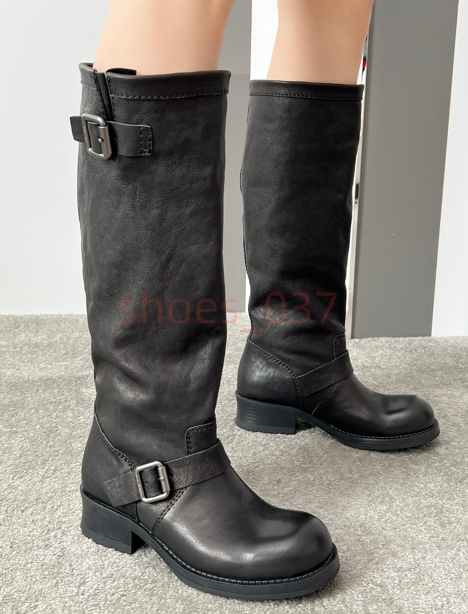 top quality 2026 Winter Luxury Designer Buckle Strap Knee High Boots Women Genuine Leather Round Toe Thick Bottom Slouch Riding Military Work Shoes