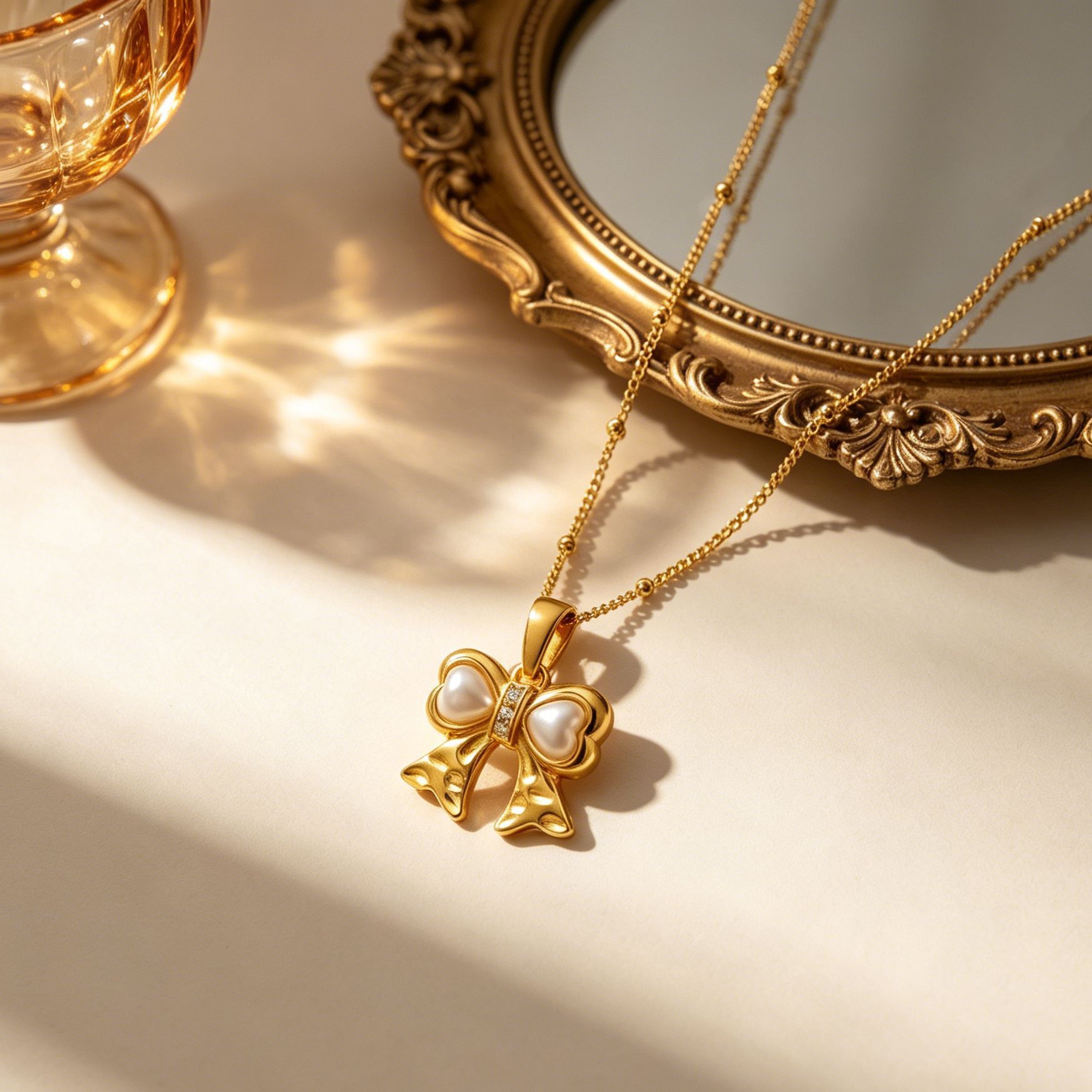 European American Cross-Border Pearl Bowknot Diamond-Studded Titanium Steel Necklace, A Fashionable, Vintage, Versatile, And High-End Clavicle Chain
