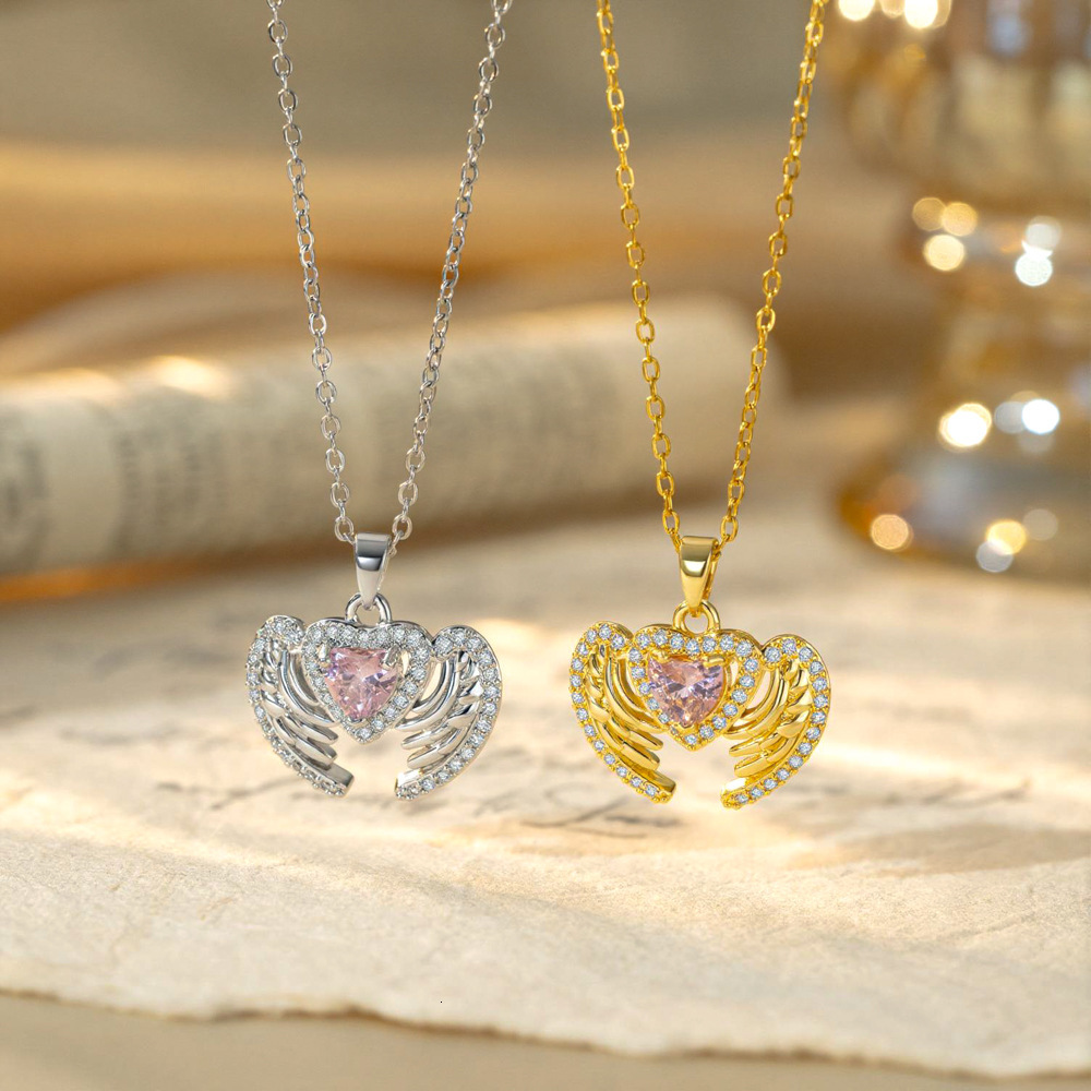 European American Fashion Pink Diamond Heart-Shaped Pendant Necklace, Delicate And Versatile Piece With A High-End Feel, Angel Wing Clavicle Chain F