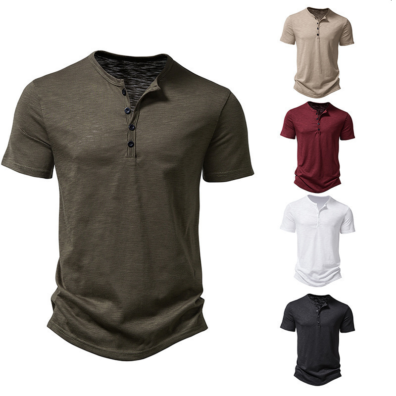 Été hommes col Henley t-shirts bouton mince décontracté mâle couleur unie à manches courtes hommes sport t-shirt Polo Tops250828