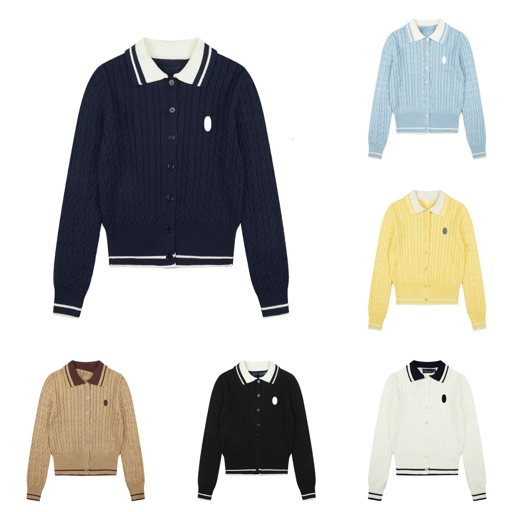 Womens Designer Cable Knit Cardigan Polo Collar Equestrian Embroidery Contrast Trim Old Money Preppy Casual Autumn Tops