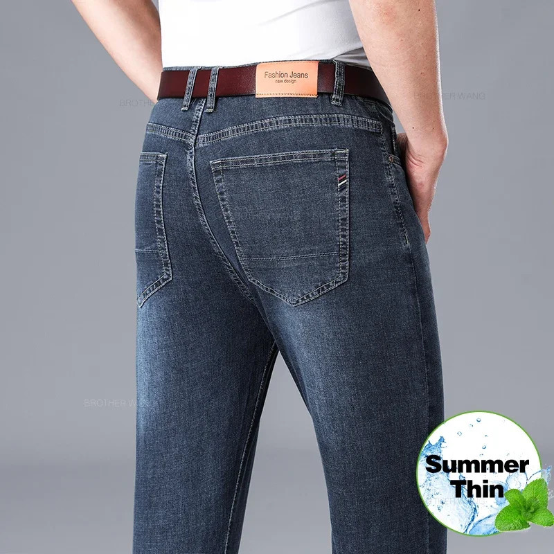 2026 Summer Business Casual Mens Straight Denim Softener Lightweight Jeans Classic Embroidered Cotton Stretch Thin Pants 261017