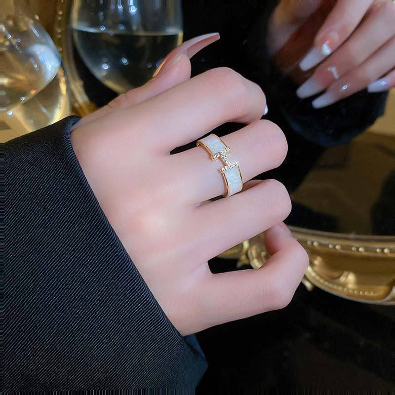 Micro Pave Zircon Letter H Oil Drop For Women, Light Luxury Niche Design, Adjustable Open Finger Ring Jewelry