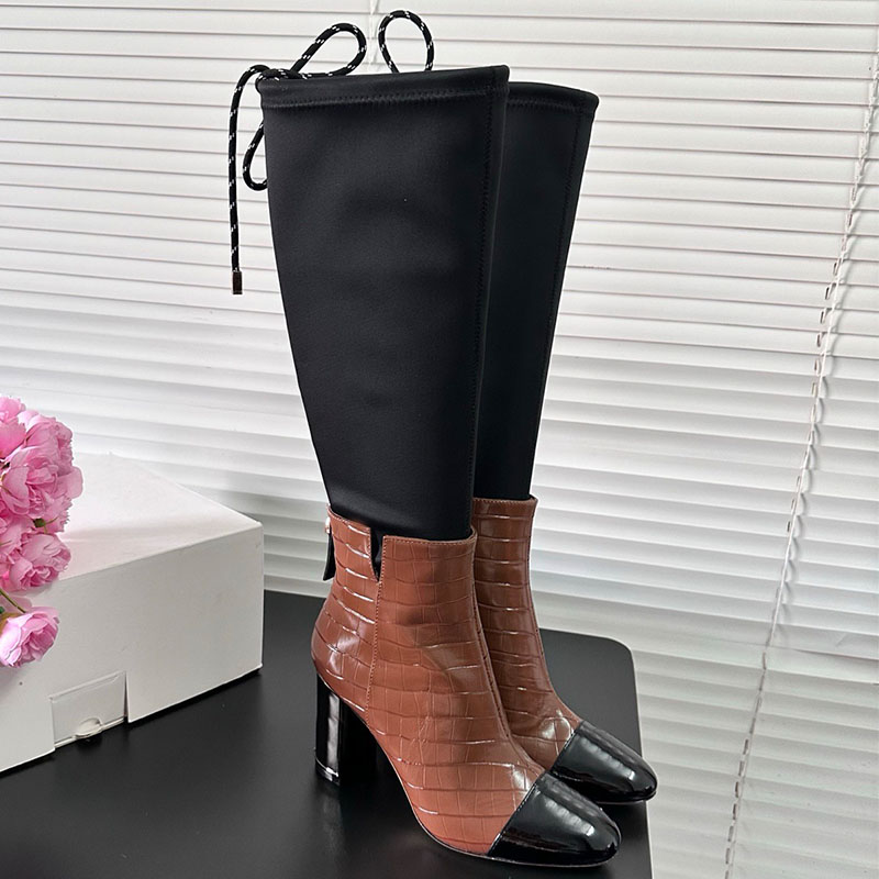 2026 High Boots Designer Women's Crocodile Pattern Shining Leather High Wall Boots Elastic Tube Drawstring Back, Metal Thick Heel Shows Thin Fr